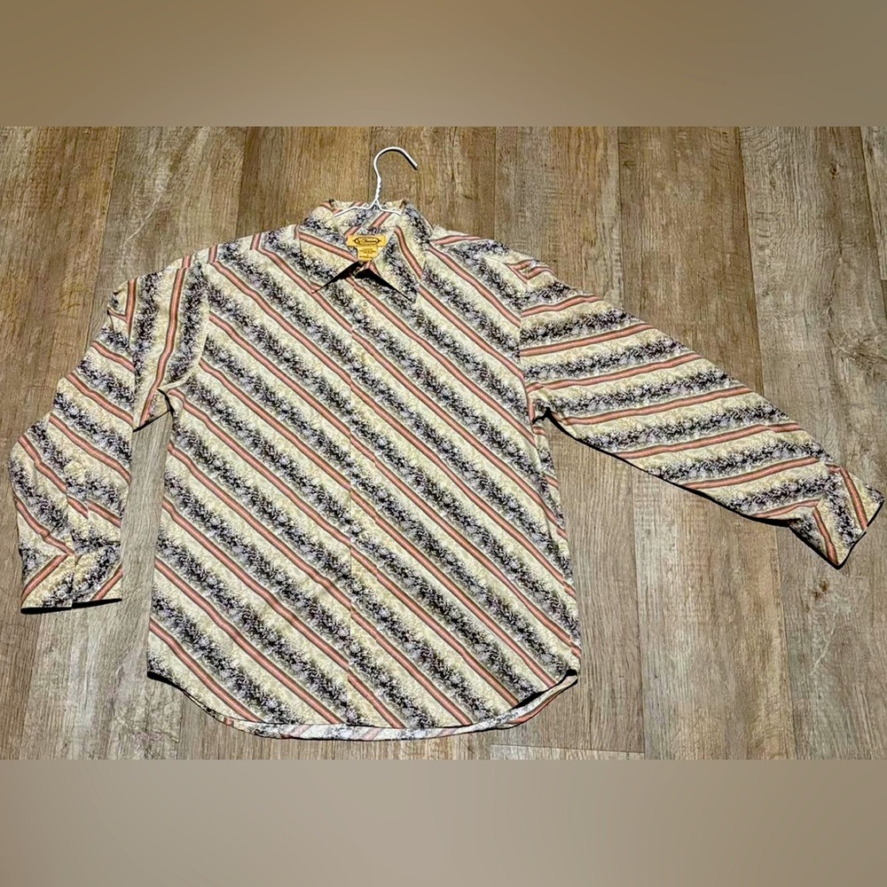 Men's Casual Button Down Shirt - Beige and Red Striped